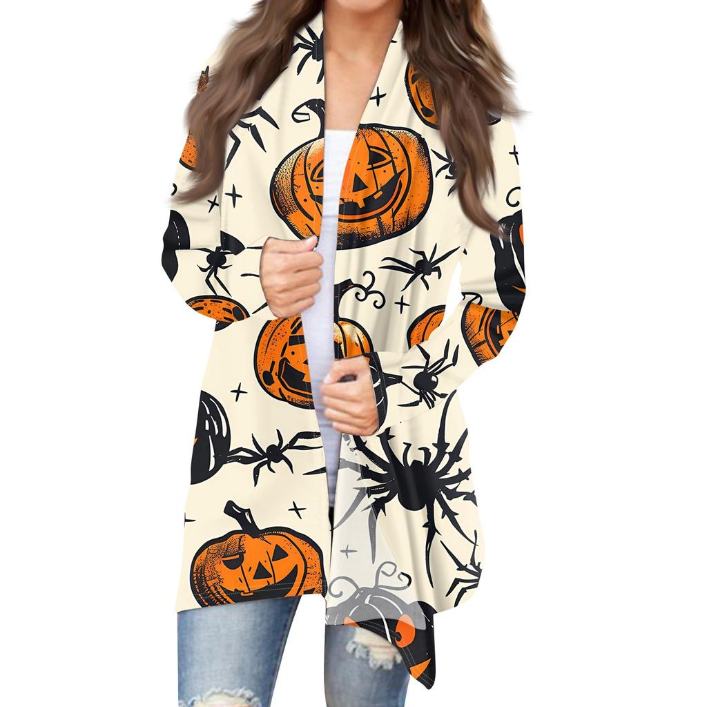 Женский кардиган с длинным рукавом спереди и принтом на Хэллоуин, легкая куртка
