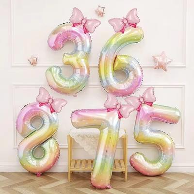 Новые 40-дюймовые воздушные шары-цифры на День Рождения, разноцветный градиент, цифры 0-9, розовый, с бантом, шары из фольги, гелиевый шар, украшения для Дня Рождения
