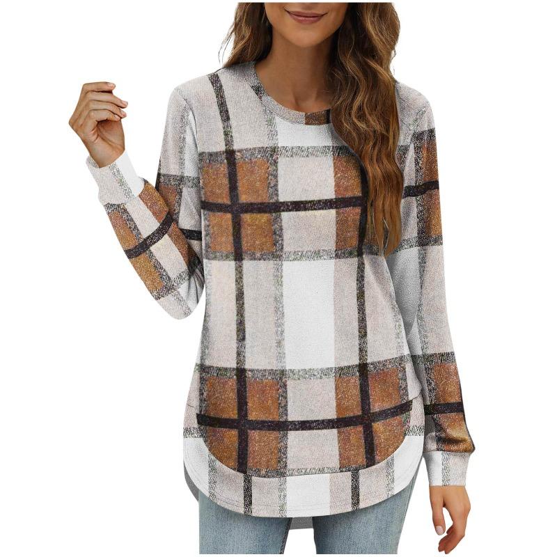 Women Casual Loose Plaid Long Sleeve Crew Neck Irregular Basic Top