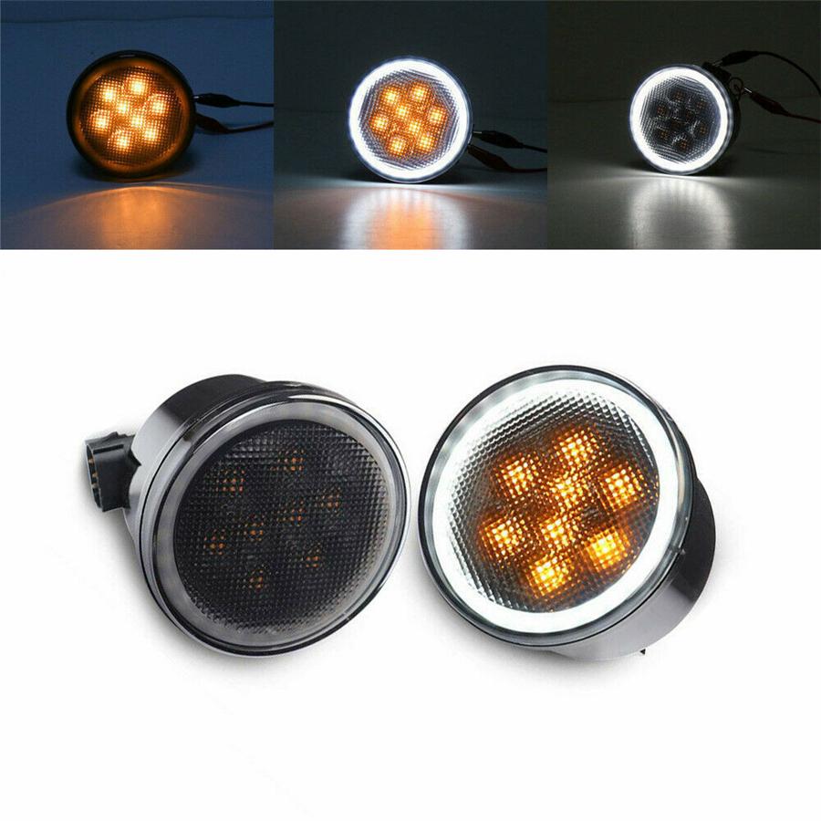 Pair LED Amber Grill Turn Signal Light for Jeep Wrangler JK 07-18 Halo Ring Angel Eye DRL Smoke Lens