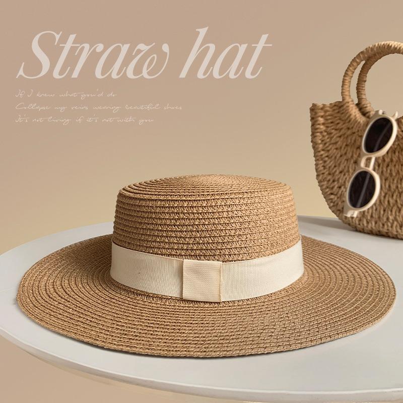 Соломенная шляпа с плоским верхом, летний женский козырек на завязках, универсальная соломенная модная шляпа-топ из атласа, пляжная шляпа для морского побережья