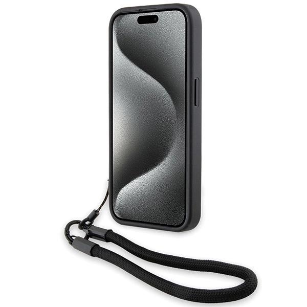 Bmw Signature Leather Wordmark Cord Case For Iphone 15 Pro - Black