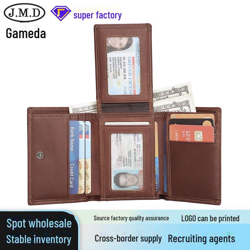 Jiamida Men's RFID-Blocking Retro Genuine Leather Tri-Fold Wallet with Multi-Card Slots and Coin Pocket