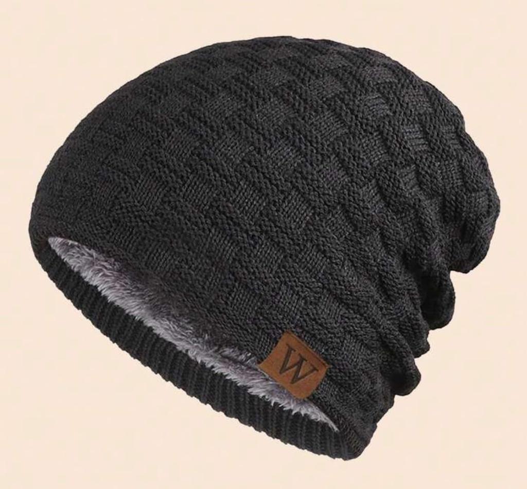 [sproutsy] Knitted Beanie with Fleece Lining for Warmth, Winter Knit Hat (JP, Number Size, 57.0 Cm, Black)