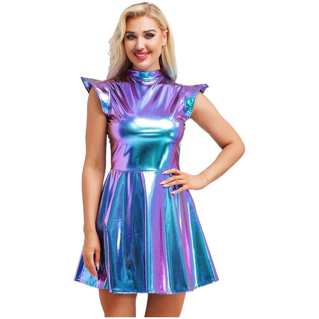 Women's Halloween Party Dress - Shiny Metallic A-line with Mock Neck & Cap Sleeves Fashion Bar Club Wear