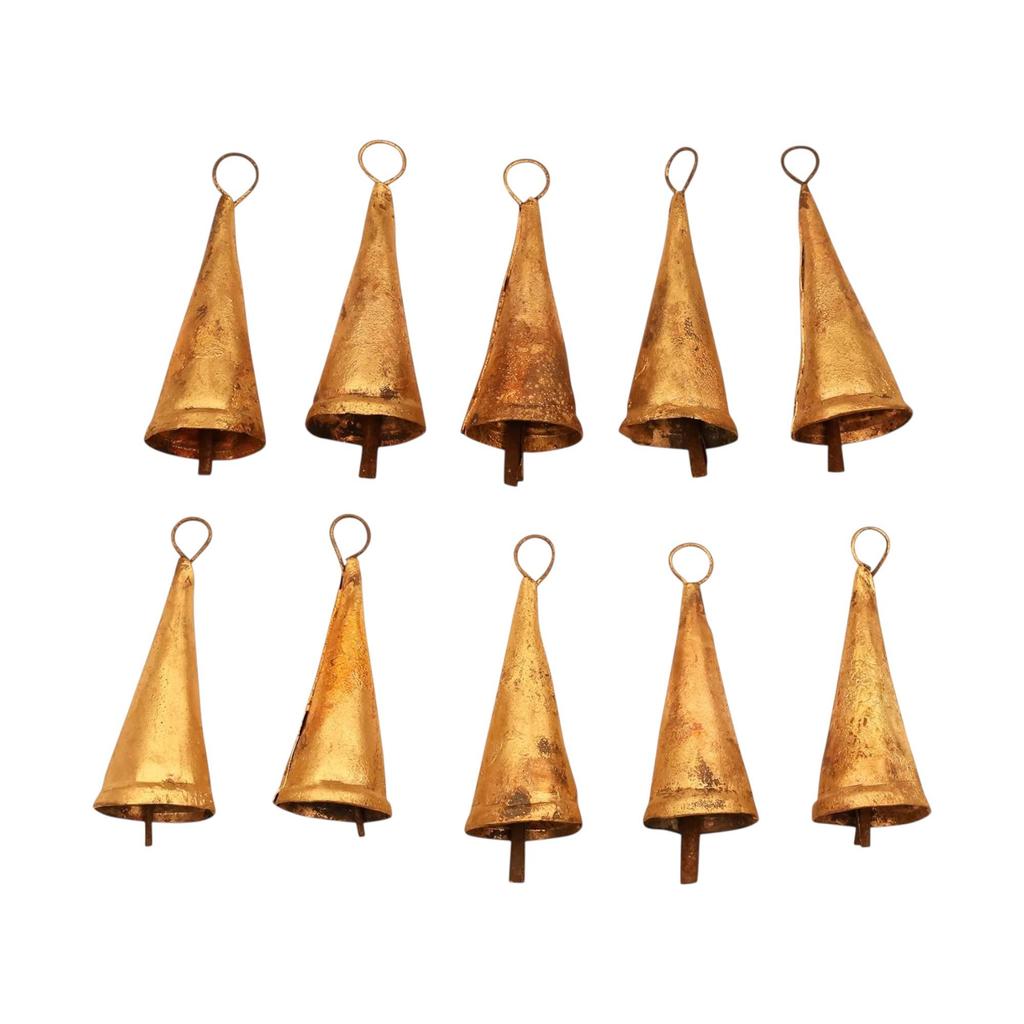 Handmade Vintage Gold Jingle Bells for Crafts, 8cm, Pack of 10 Rustic Tin Cow Bells for Christmas Tree Ornaments and Boho DIY Decor