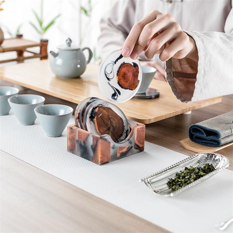 6PCS/SET Creative Resin Pine Coasters Heat-resistant Placemats Drink Mat Tea Coffee Cup Pad Waterproof Non-slip Table Decor Tableware Pad