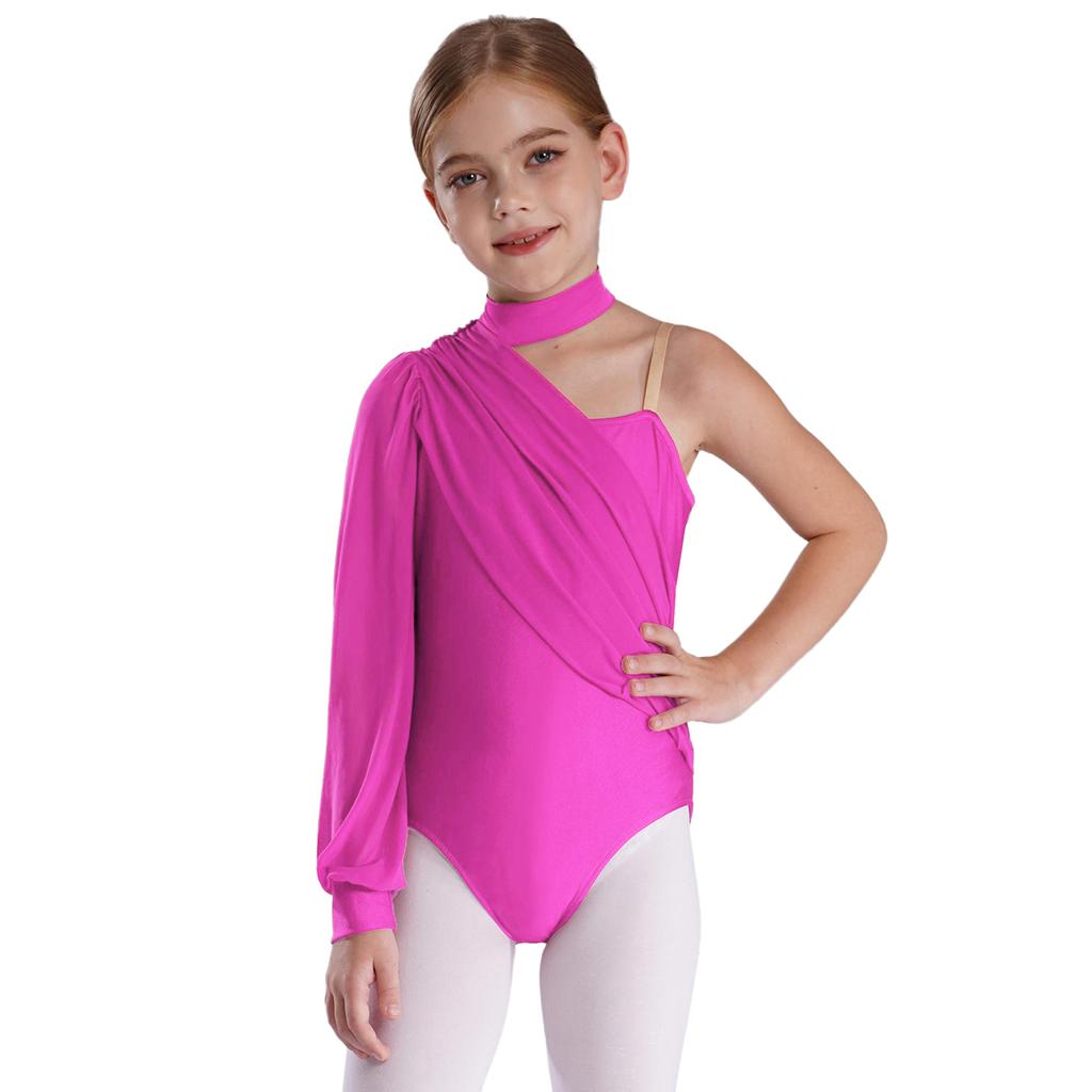 Girls One Shoulder Dance Leotard Long Sleeve Ruched Mesh Overlay Bodysuit