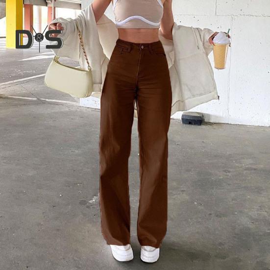 Женские джинсы с карманами, застежка-молния на пуговицу с высокой талией, прямые брюки, однотонные, в винтажном американском стиле, джинсовые брюки для повседневной носки, Scool