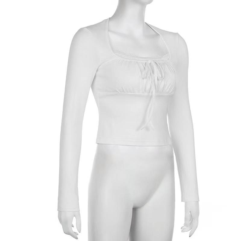 Ruched Tie Lace Trim Square Collar Slim Long Sleeve White Y2K T Shirt Women Cute Japanese Kawaii Clothing