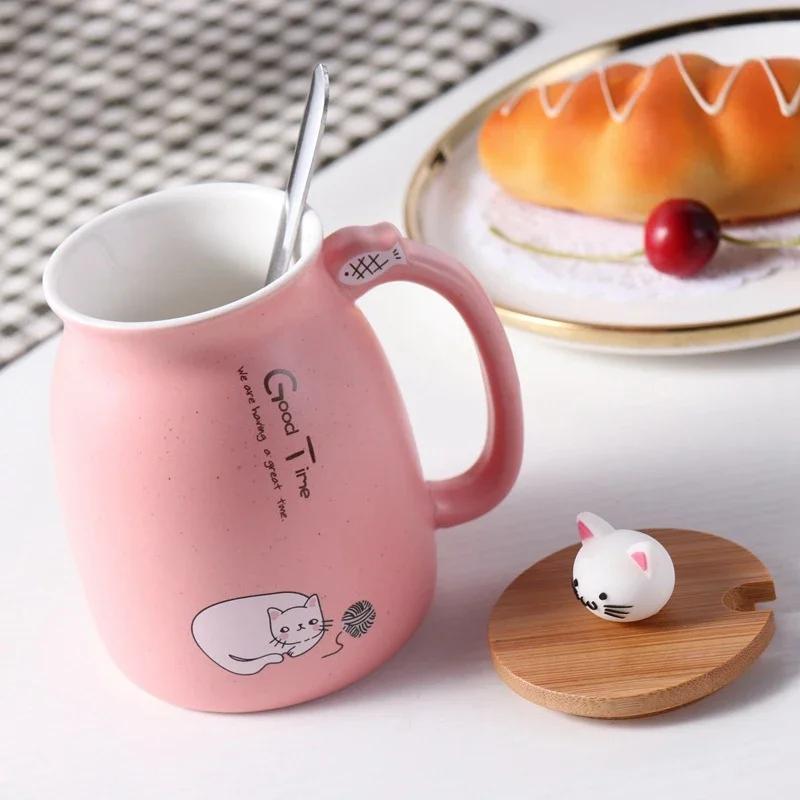 Coffee Mug With Lid Cat Style Ceramic Coffee Cup with Spoon Cute Kawaii Large Capacity Milk Tea Mug with Handle Birthday Gift