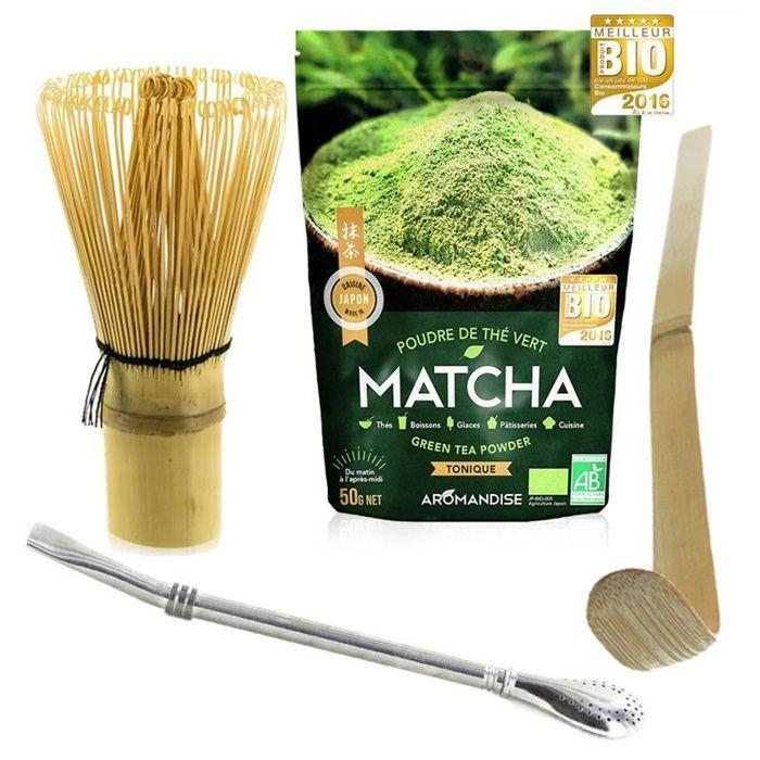 Coffret thé Matcha + fouet + cuillère en bambou + paille inox avec filtre