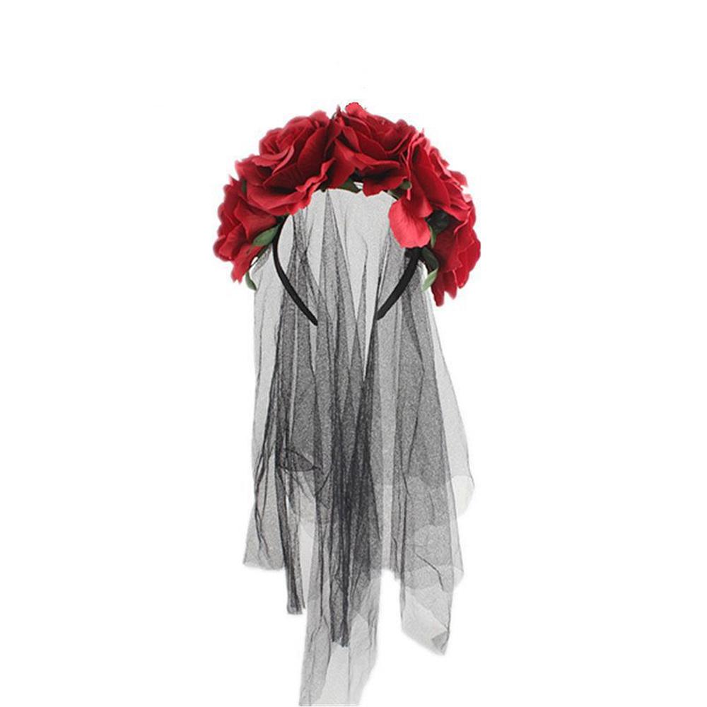 1 упаковка, повязка на голову для Хэллоуина, женская повязка на голову для девочек, День мертвых, тиара с цветком красной розы, повязка на голову с цветком, вечерние аксессуары для волос LXY