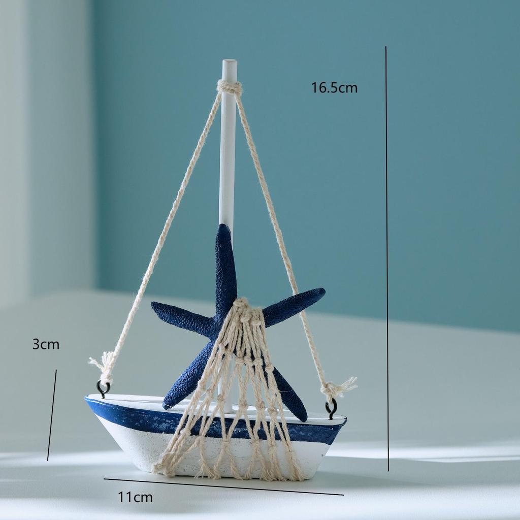 Mediterranean Wooden Sailboat Model with Cotton Rope Net - Mini Desktop Ornament & Photo Prop