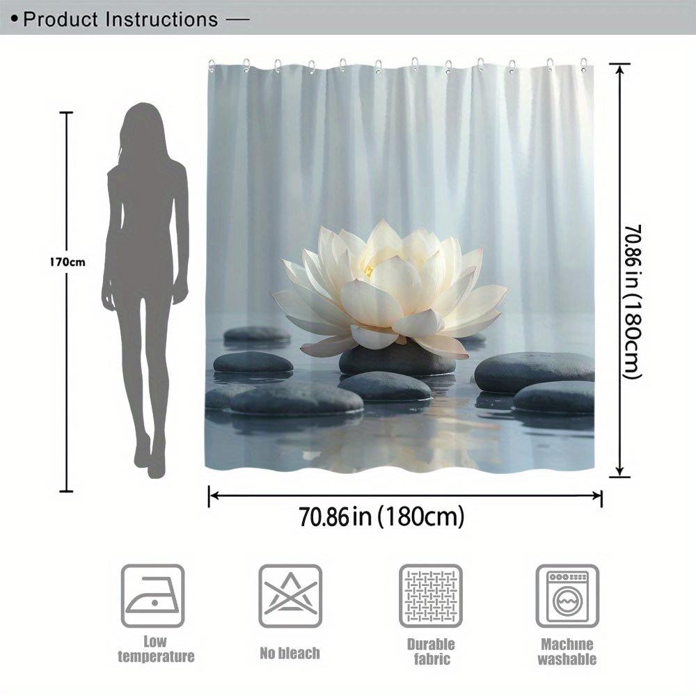 White Lotus & Gray Stones Shower Curtain - Zen Composition, Polyester, Machine Washable, Woven Bathroom Decor