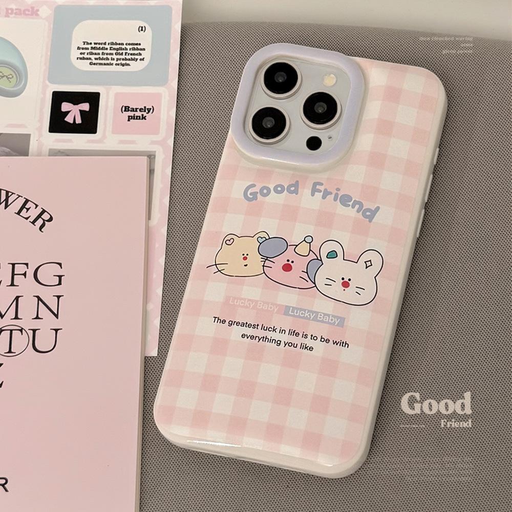 Ins Pink Plaid Animal for Apple 13 Mobile Phone Case for IPhone15 Soft 11 for 14pro Max Anti-fall 16