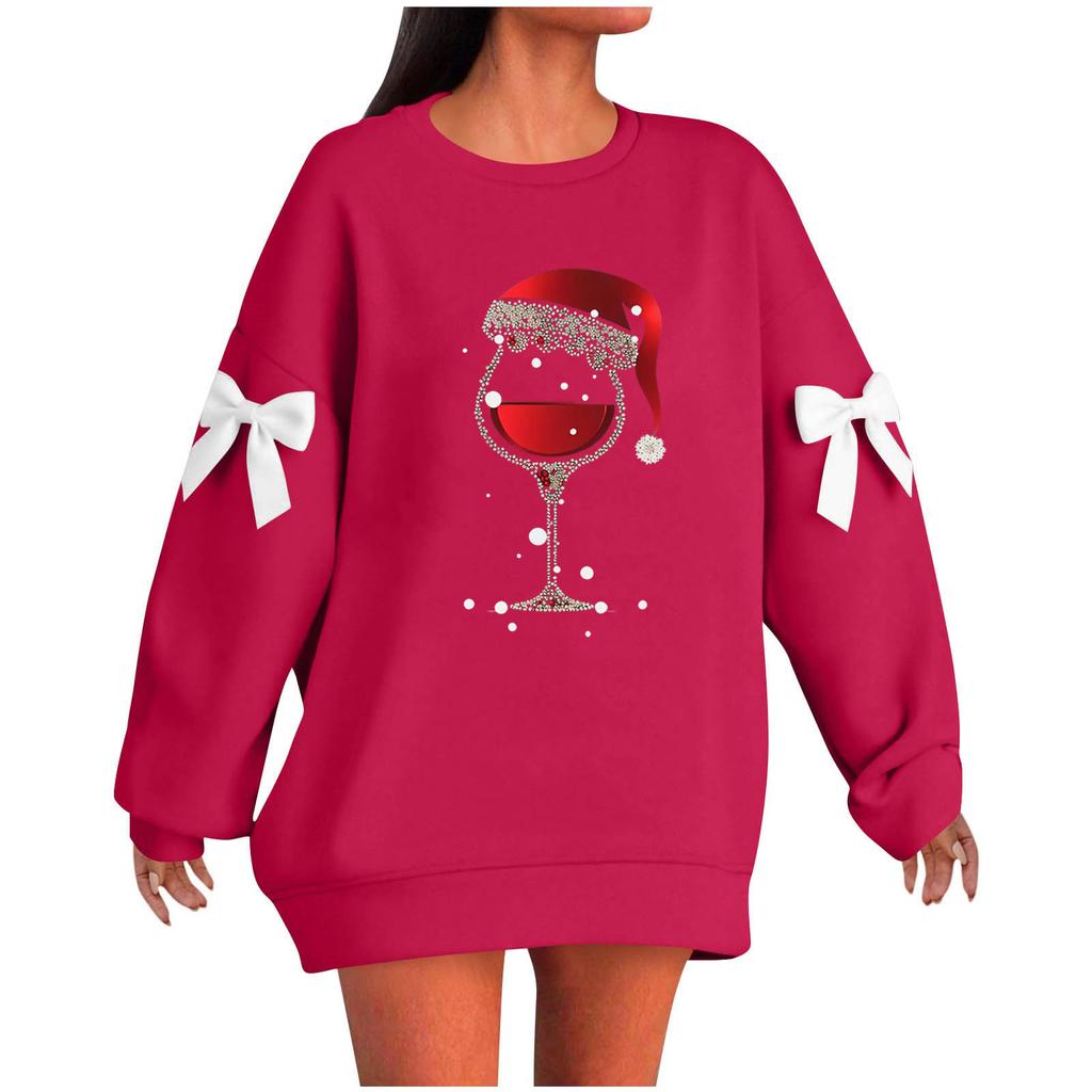 Ladies' Christmas Printed Bow Round Neck Long Sleeved Loose Pullover Sweater Sweatshirt Top