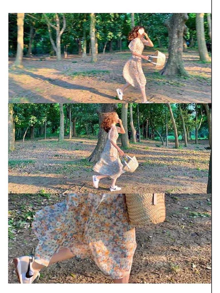 Летнее корейское платье средней длины из шифона с V-образным вырезом и цветочным принтом 2025 года для студенток