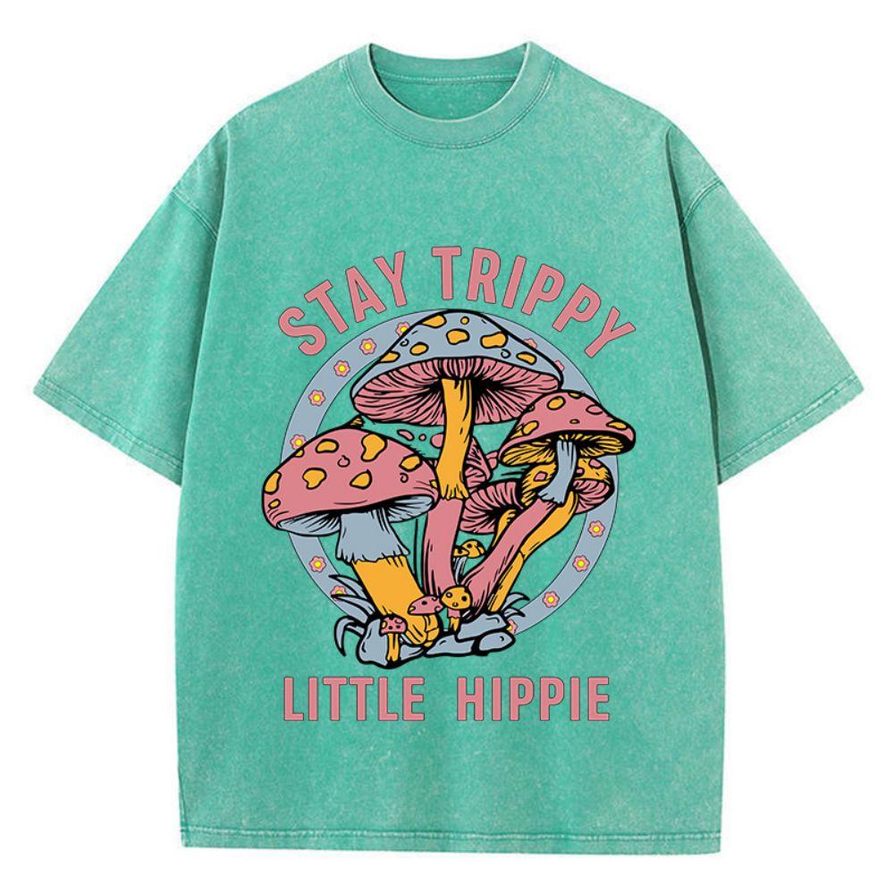 Летние женские хлопковые стираные футболки Stay Trippy Little Hippie Mushroom Printed Streetwear Свободная винтажная женская одежда с круглым вырезом