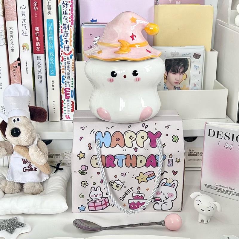 Милая кружка с привидением, с крышкой и ложкой, подарок на день рождения для девушки с высокой ценностью, офисная керамическая чашка для воды, сувенир