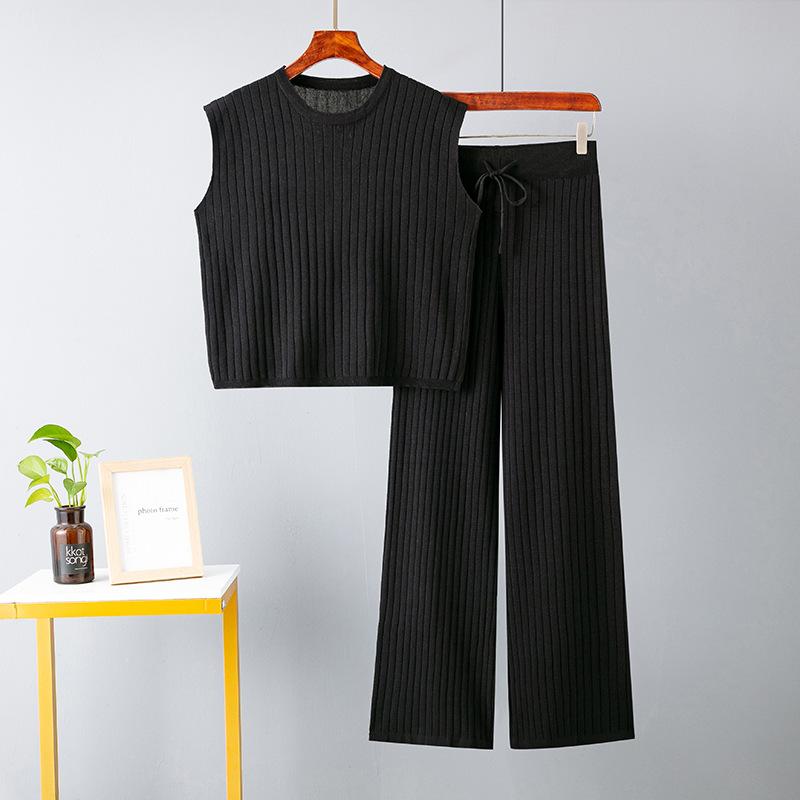 Весенне-летний женский свободный комплект из двух предметов, однотонный вязаный топ без рукавов, костюм