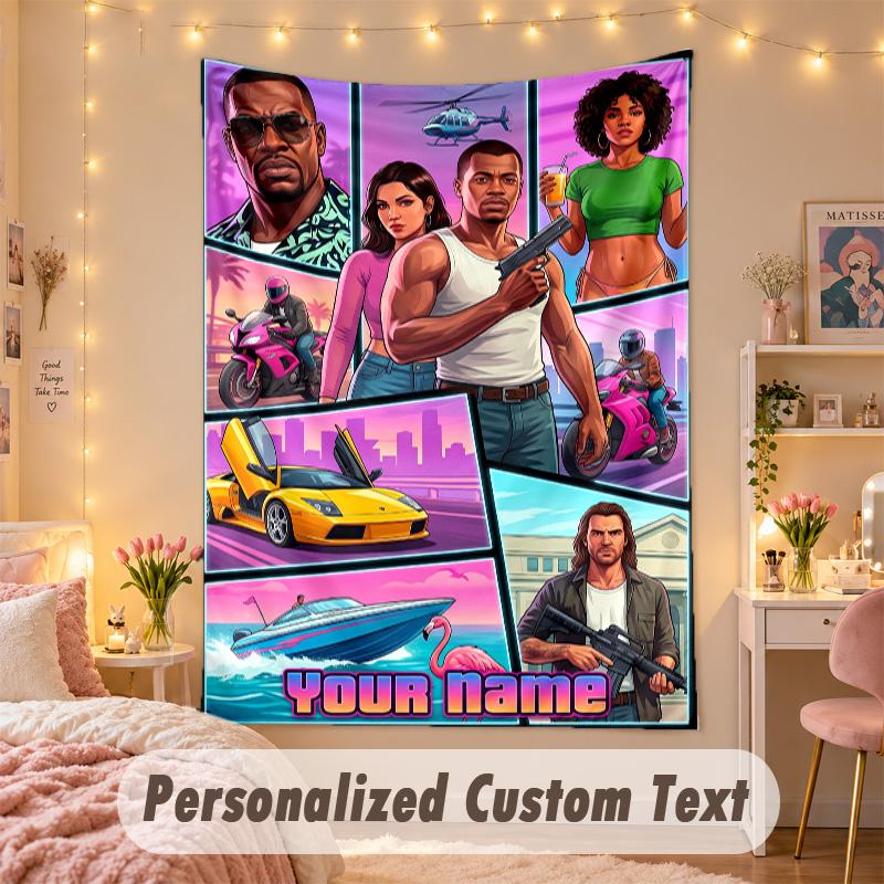 Custom Personalized Tapestry,GTA Print Custom Name Text Wall Art Hanging for Bedroom