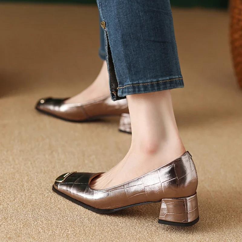 Европейская американская роскошная женская обувь 2024 года, новый дизайн, цветные блоки, толстый каблук, универсальные повседневные туфли на высоком каблуке, Zapatos Mujer