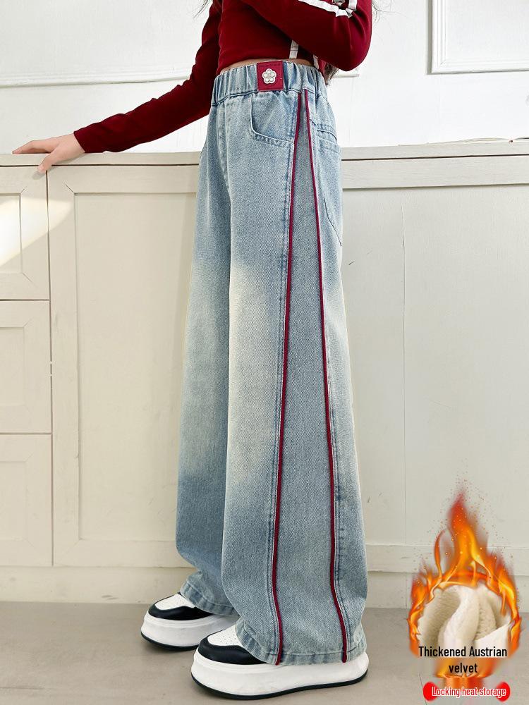 Девичьи джинсы широкого кроя на флисовой подкладке для осени и зимы
