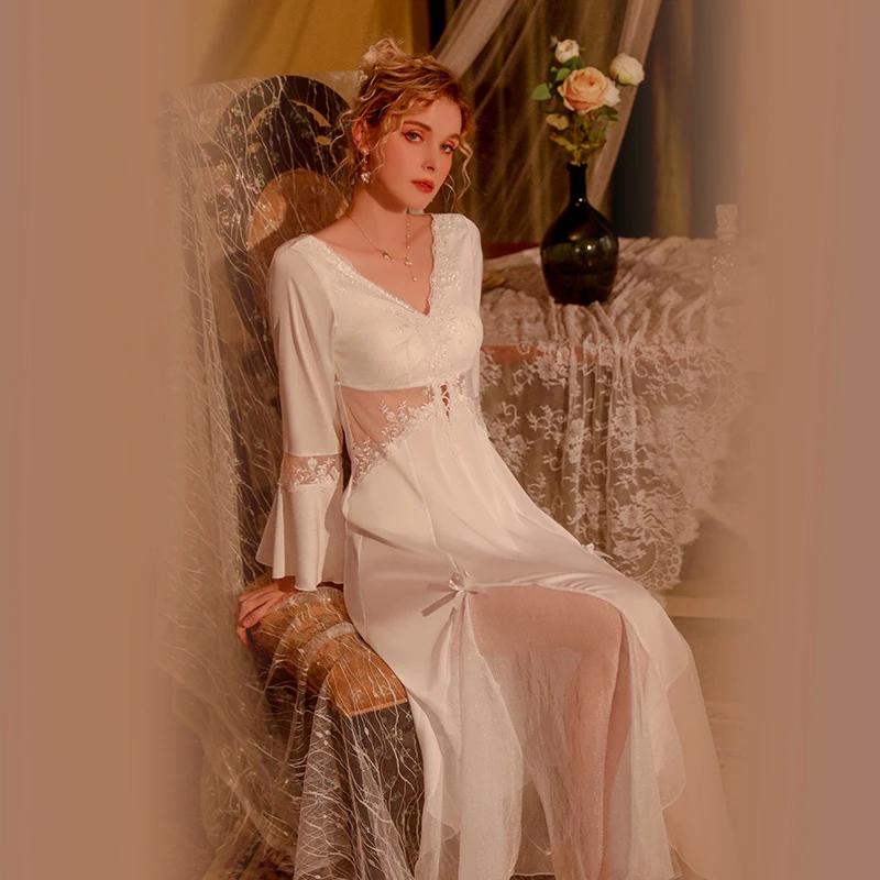 Женская ночная пижама Весенняя с открытой спиной Кружевная атласная ночная сорочка с чашечками Однотонная Сексуальная пижама для женщин