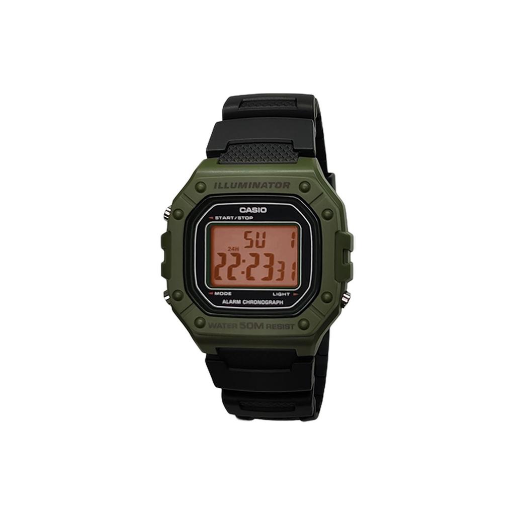 Casio Часы из Коллекции на Заказ Кварцевый Механизм Ремешок из Смолы Мужские Часы Зеленый Циферблат W-218H-3A(Watch5--)