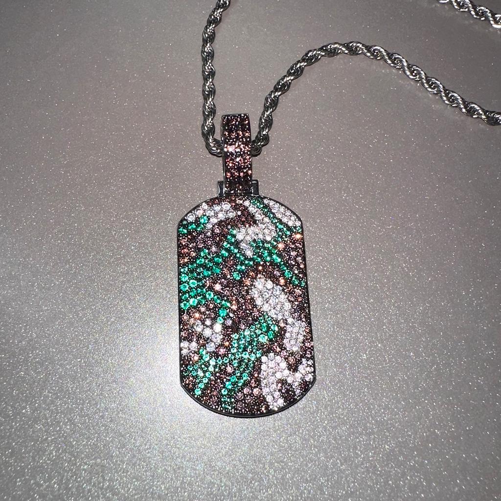 New Camo Dog Tag Zircon Pendant Necklace for Men, Geometric Iced Out Hip Hop Charm, Niche Camouflage Street Military Tag Statement Jewelry