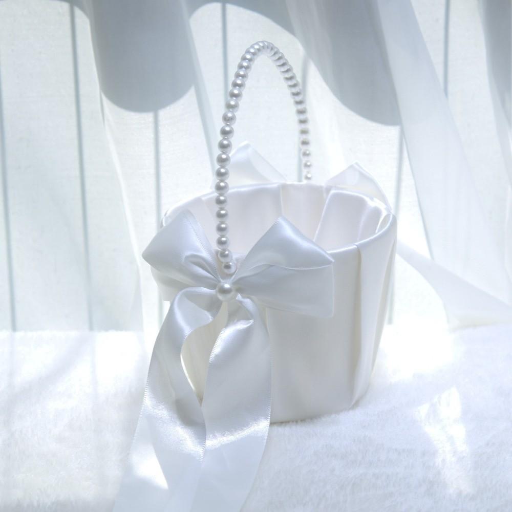 Satin White Wedding Flower Basket Rustic Bowknot Flower Girl Basket Floral Petals