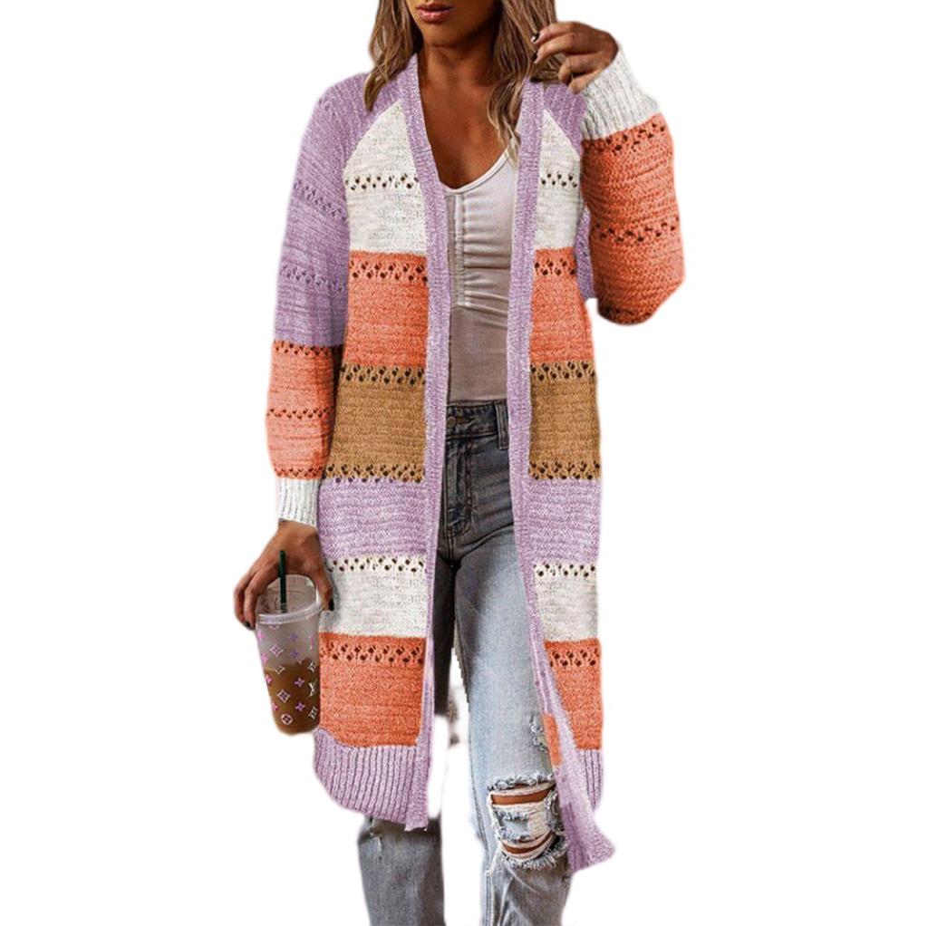Women's Open Front Block Color Knitted Cardigan Crochet Sweaters Long Sleeve Casual Trendy Outwear