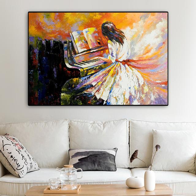 Рамка из цельного дерева, современная винтажная игра на пианино для девочек, картина маслом на холсте, постеры и принты, настенная картина для декора гостиной