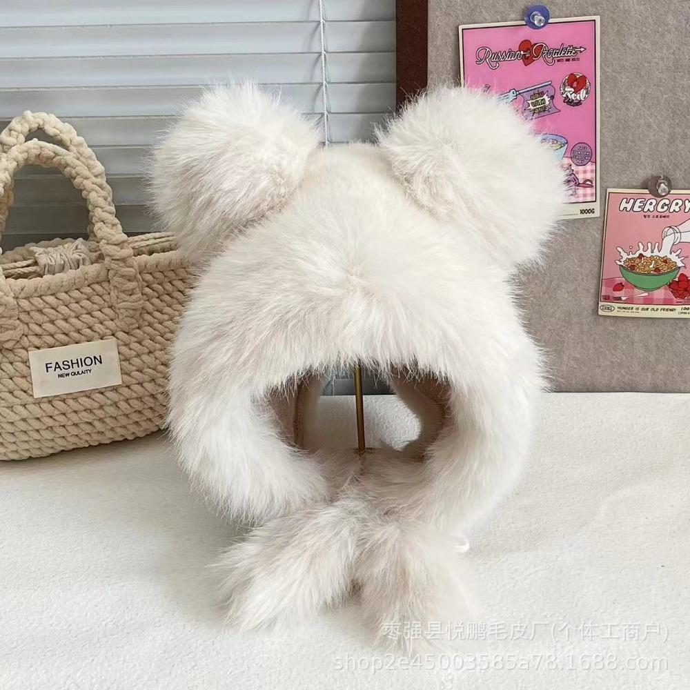 New Warm Winter Hat Lacing Ear Protection Bear Ears Hat Velvet Rabbit Ear Woolen Bucket Hat Women