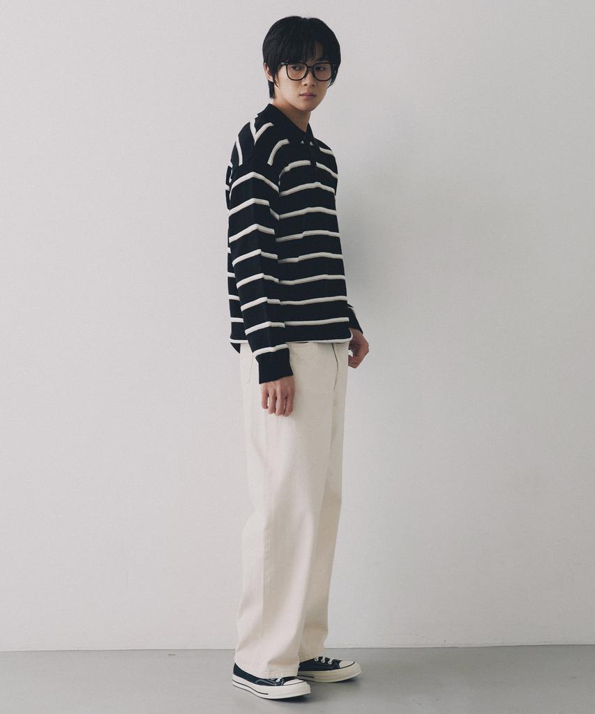 NODU Multi-Color Block Collared Stripe Knit T-Shirt [Black]