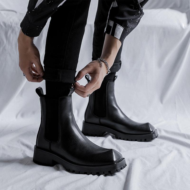 Martin boots mid-top British style youth hairstylist high-top leather boots thick-soled square head zipper Chelsea boots