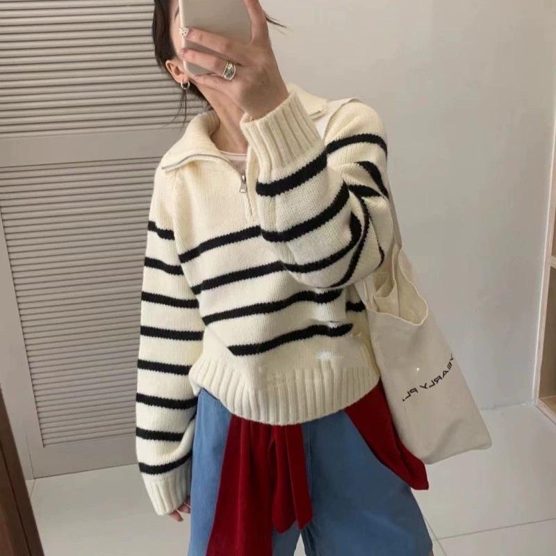 Autumn and Winter New Striped Semi-turtleneck Zipper Knitted Sweater Women's Casual Loose Lazy Wind Pullover Sweater