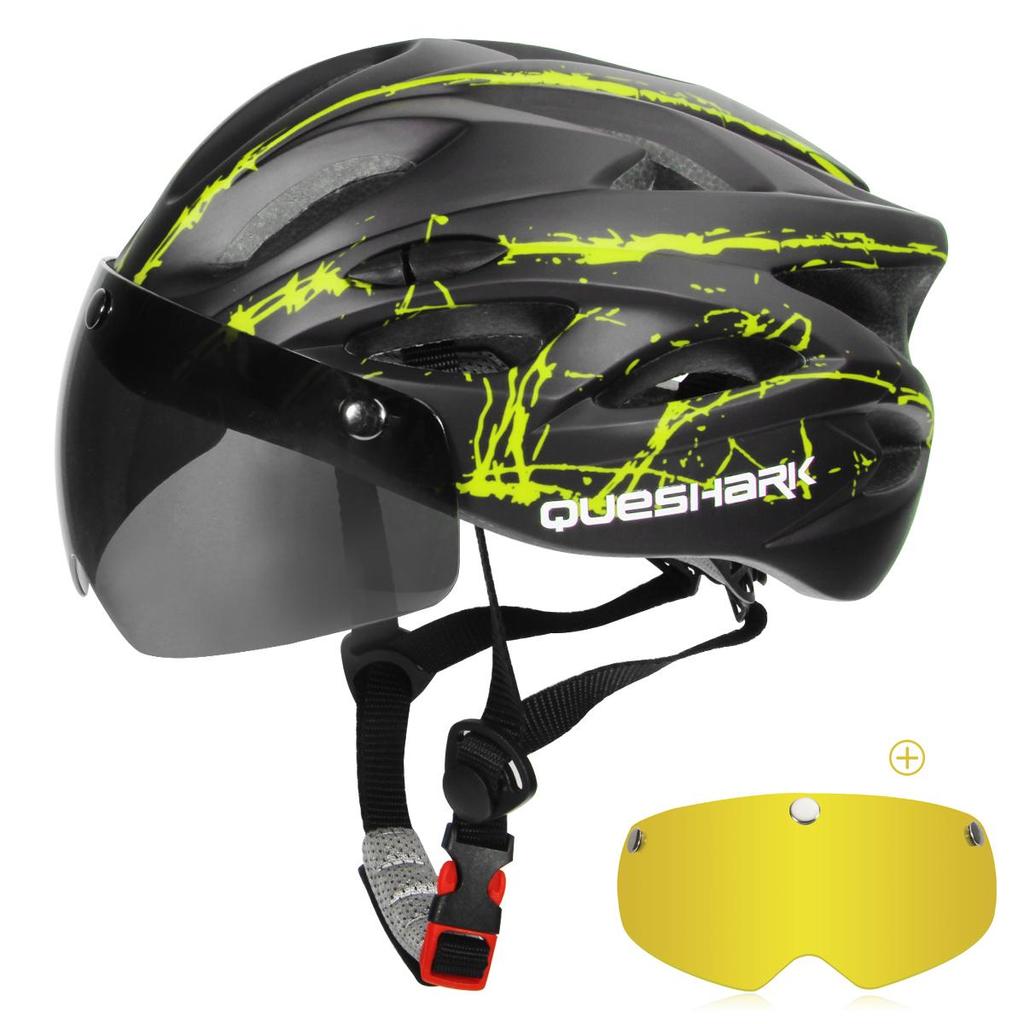 Queshark Ultralight Cycling Helmet with Goggles Bicycle Safety Cap Motorcycle Riding MTB Road Bike Helmet+Removable Yellow/Colorful Lens