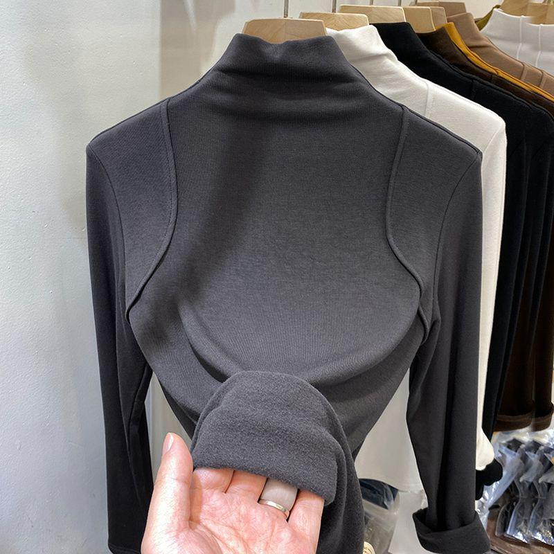 Женская приталенная рубашка с длинным рукавом и воротником-стойкой в европейском стиле, с подкладкой из матового немецкого вельвета для осени и зимы