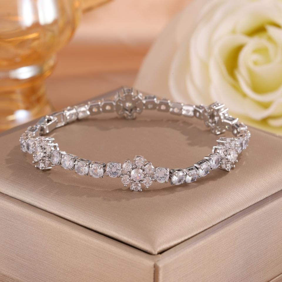 ZAKOL Elegant Pink Turquoise Flower Zirconia Tennis Bracelet For Ladies Girls Fashion Wrist Accessories Daily Party Jewelry Gift