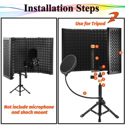 Microphone Isolation Shield with Five Panels, Portable Tripod Stand, Filter, Reflection Filter, High-Density Sound Absorbing Material, Desktop Compati