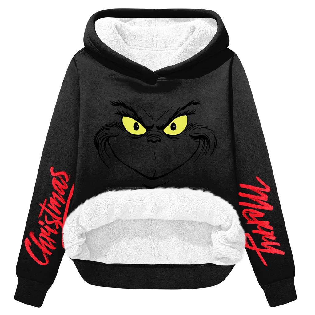 Женская повседневная модная толстовка с капюшоном большого размера, утепленная флисом, с рождественским принтом
