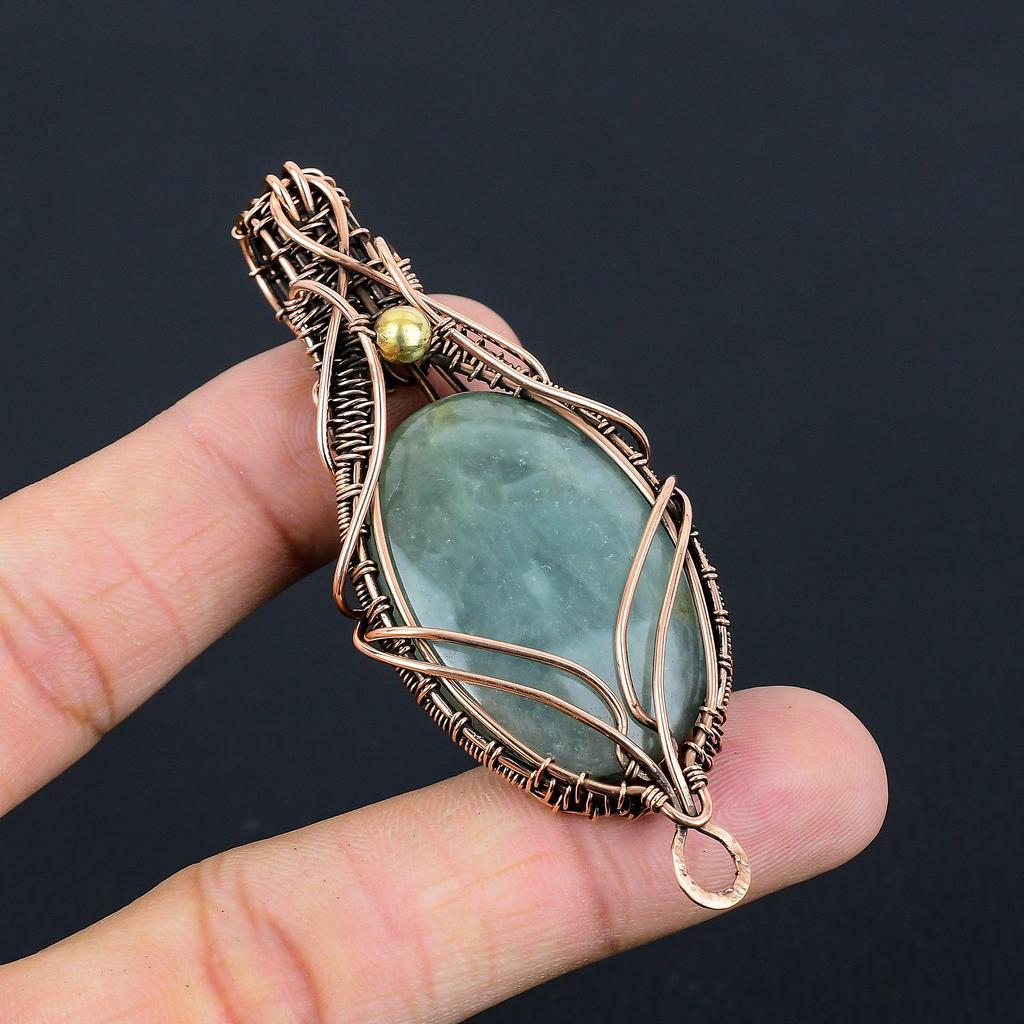 Aquamarine Gemstone Handmade Pure Copper Wire Wrapped Pendant Jewelry