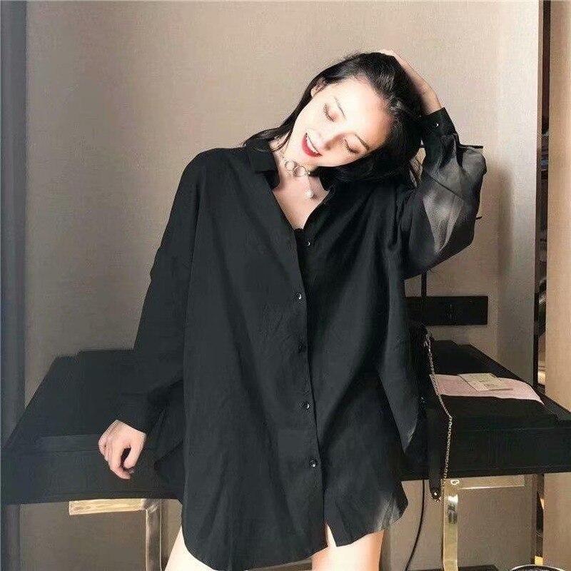 Black Shirts Women Oversized Vintage Chic Korean Fashion Long Sleeve Casual Blouse