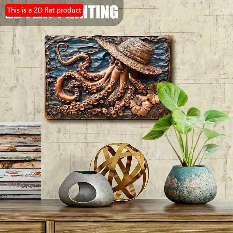 2D Плоская Деревянная Табличка 30*20см Морской Осьминог Деревянное Настенное Искусство: Осьминог в соломенной шляпе, Декор в прибрежном стиле, Декоративное настенное искусство, Декоративная деревянная табличка