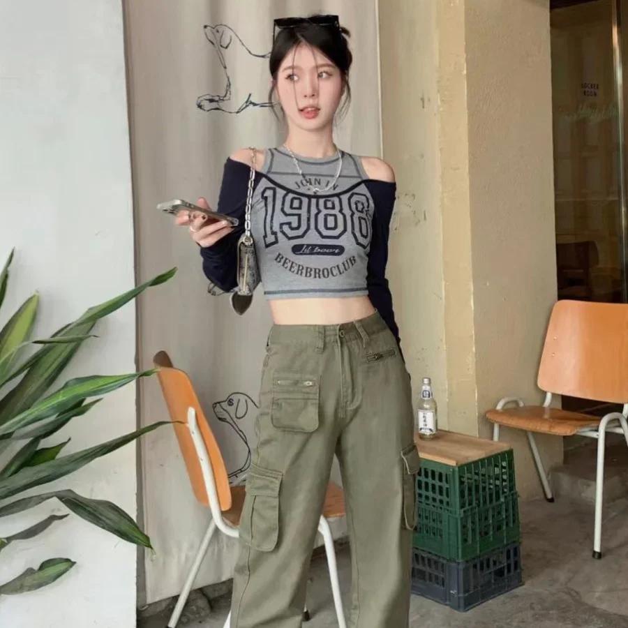 Y2k T-shirt Streetwear Vintage Korean Style Crop Top Women T-shirt Sexy Retro Letter Printed T Shirts Off Shoulder Aesthetic Clothes