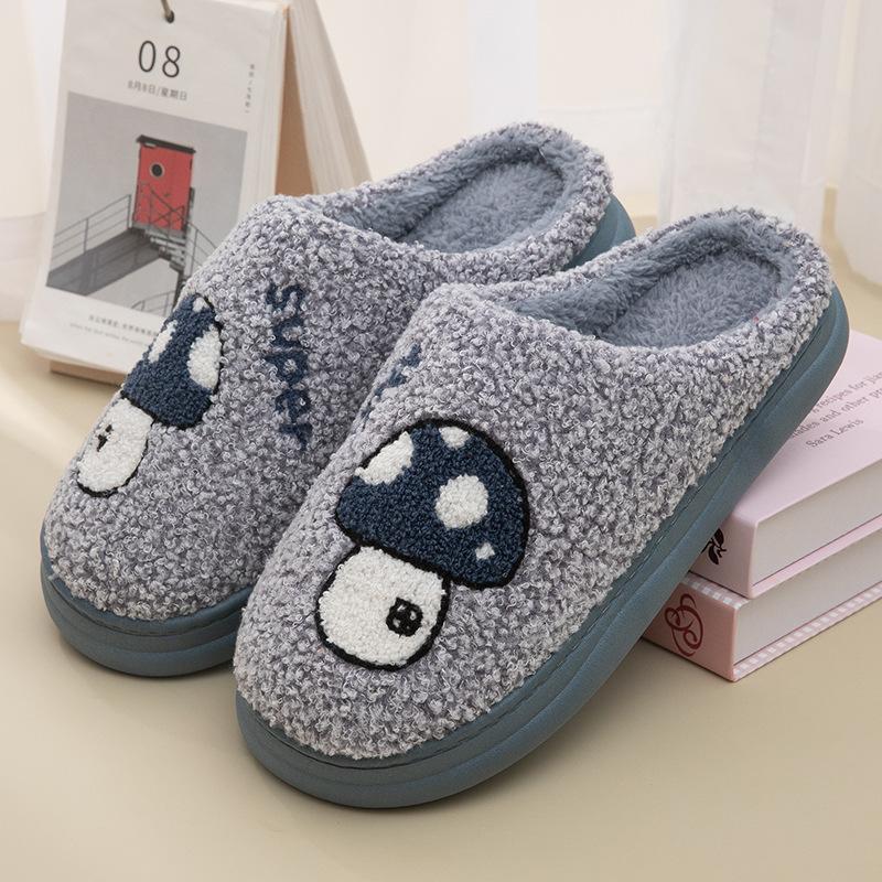 Home Cotton Slippers Women's Autumn and Winter Warm Thick Bottom Non-slip Piled Foot Warm Indoor Household Plush Slippers Men