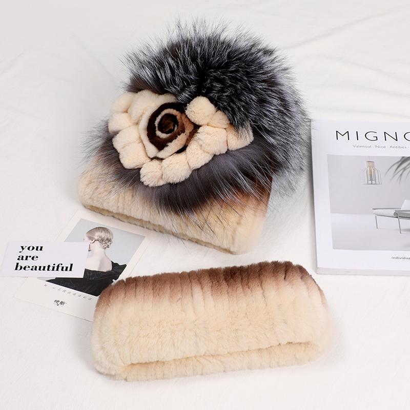 Real Rex Rabbit Fur Hat Women Winter Thickened Ear Protection Caps Knitted Scarf Hat Set Natural Fur Hat With Fox Fur Balls