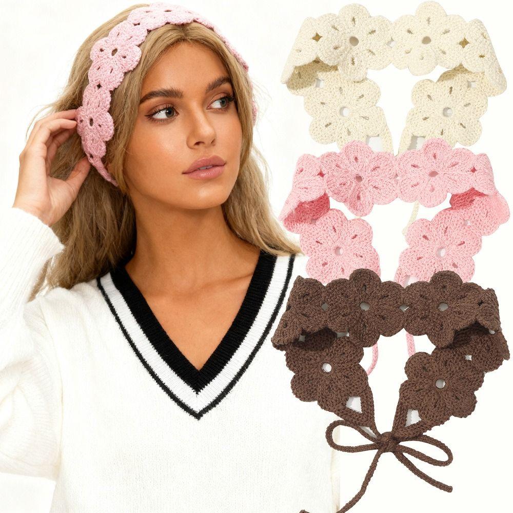 Retro Crochet Flower Hair Band French Long Knit Turban Sweet Knitted Headband Travel